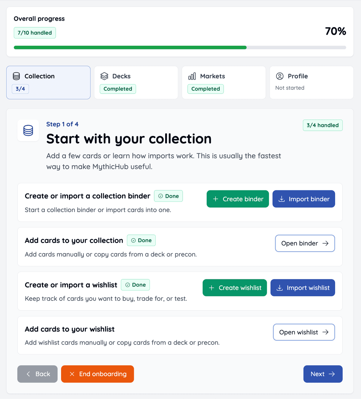MythicHub onboarding wizard showing collection tasks and progress