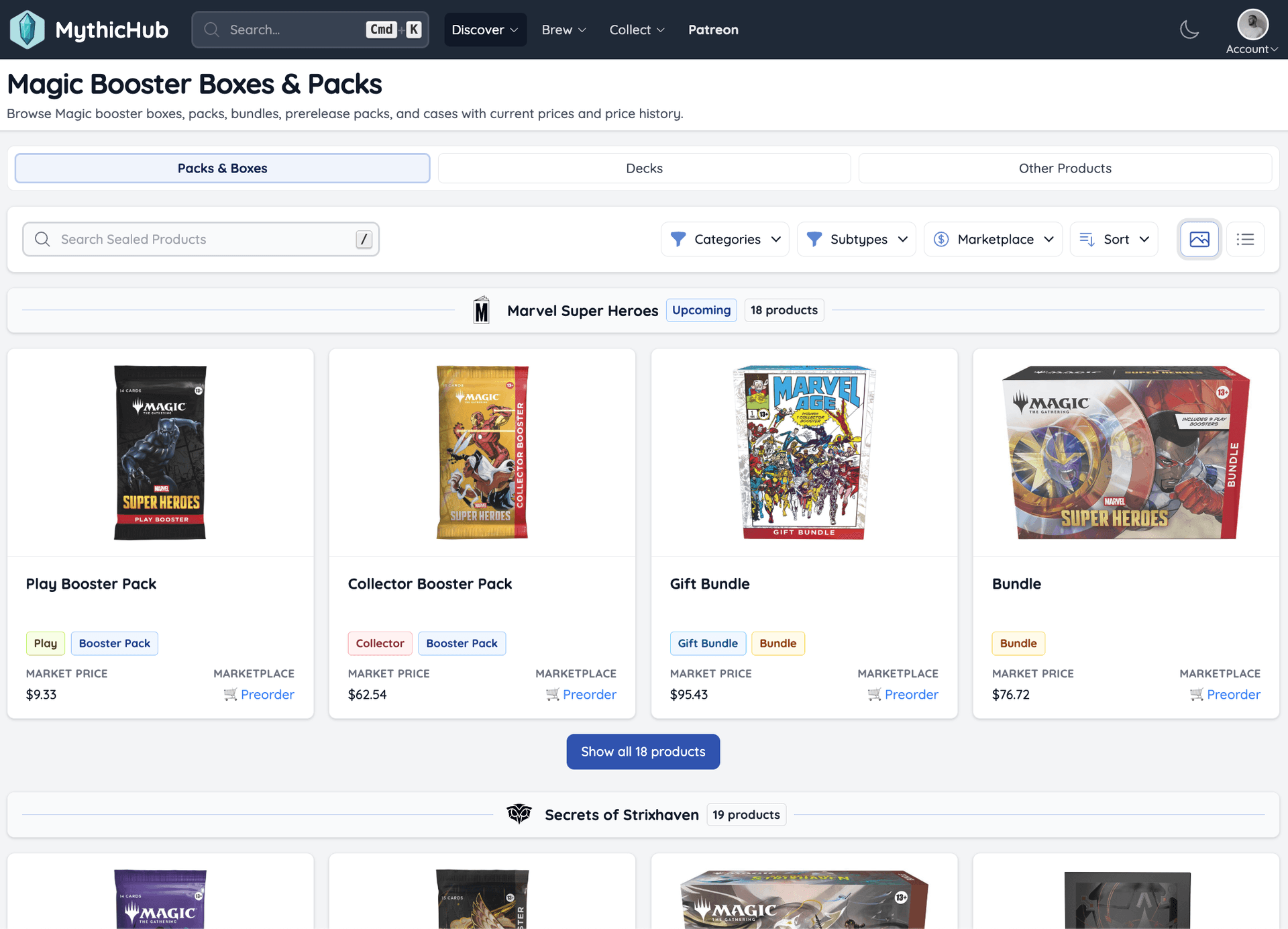 Browse sealed products on MythicHub