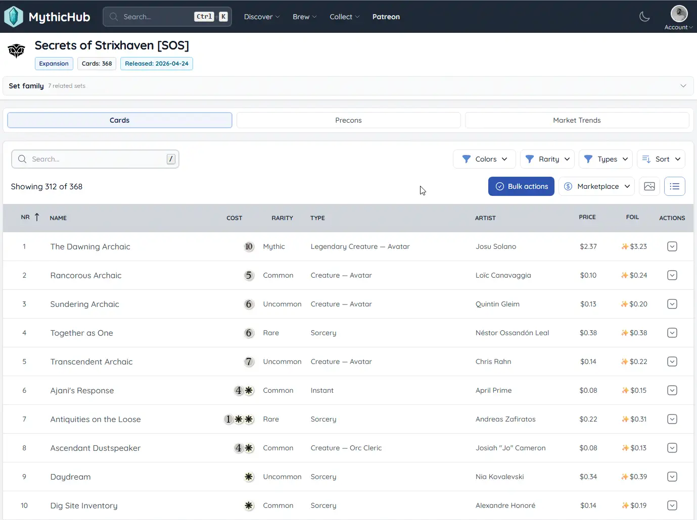 Bulk actions on a Magic set page