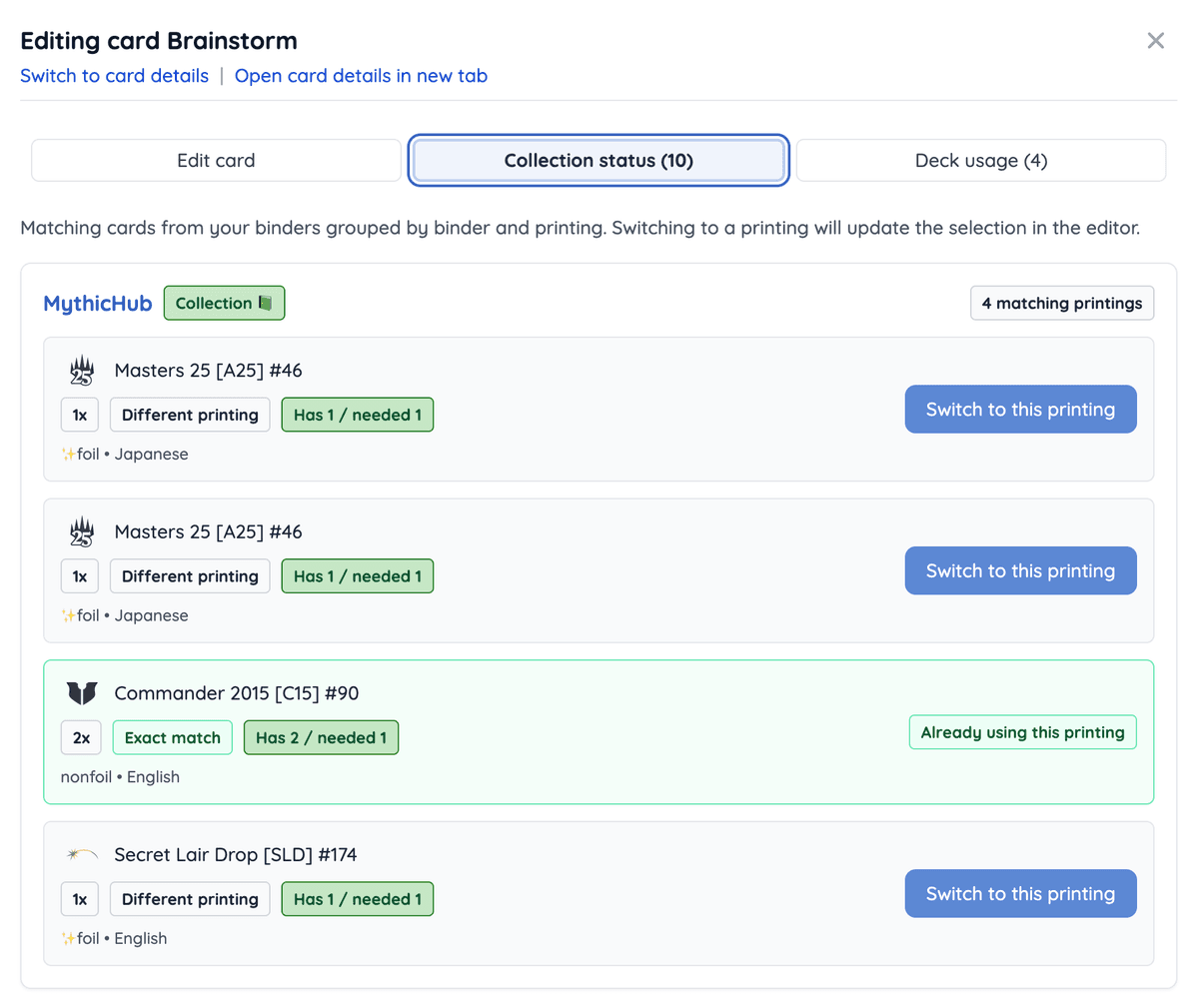 Collection Status tab showing owned printings, finishes, and binder counts