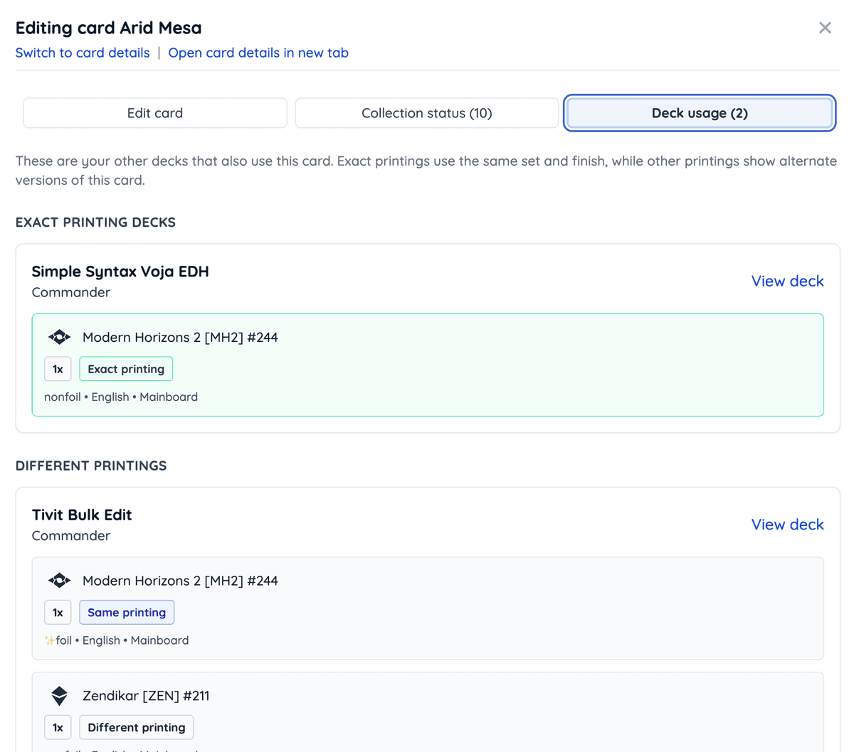 Deck Usage tab listing other decks with match badges and counts
