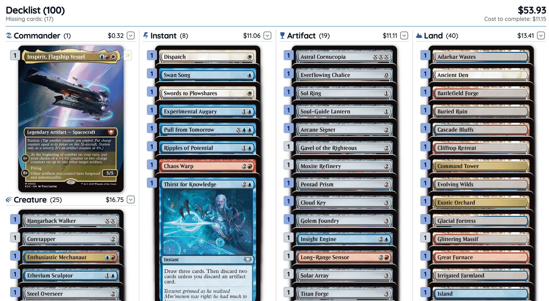 Decklist stacks view with layered copies and card hover