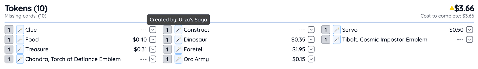 Token entry showing wand icon with a tooltip linking to its creator card