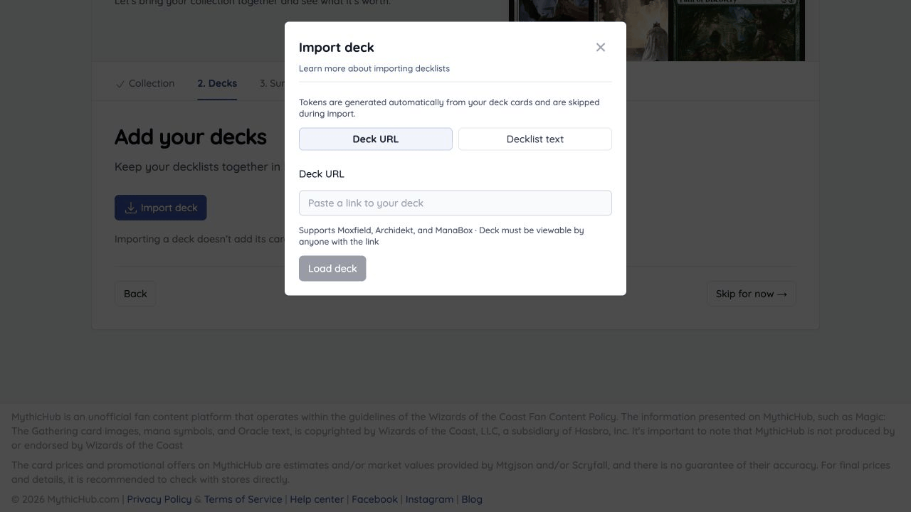 Pasting a Moxfield deck URL and loading White Border Deck Only to review its commander and deck details