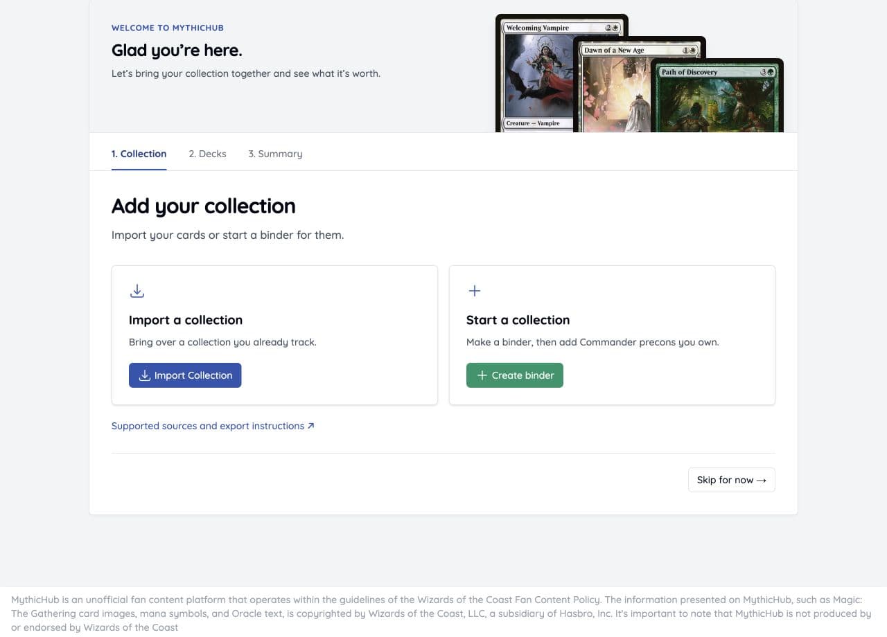 The new MythicHub welcome page with Collection, Decks, and Summary steps and options to import a collection or create a binder
