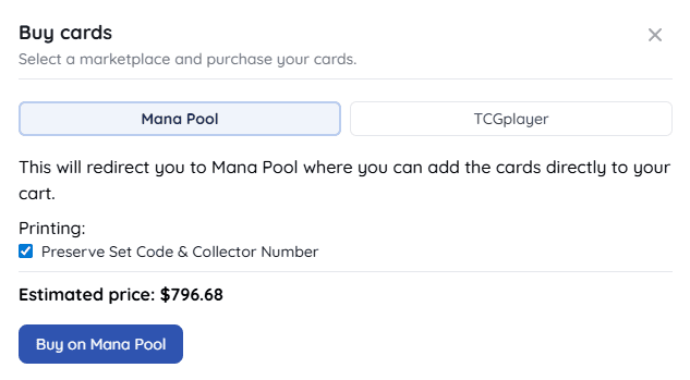 Buy Cards dialog with marketplace selection and options