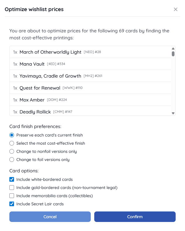 Wishlist optimization dialog with finish and card options
