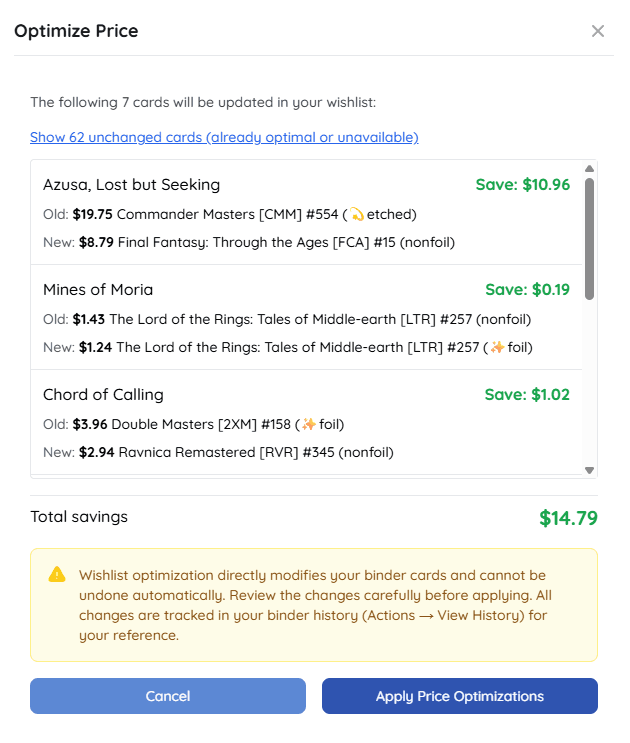 Optimization summary showing card changes and savings