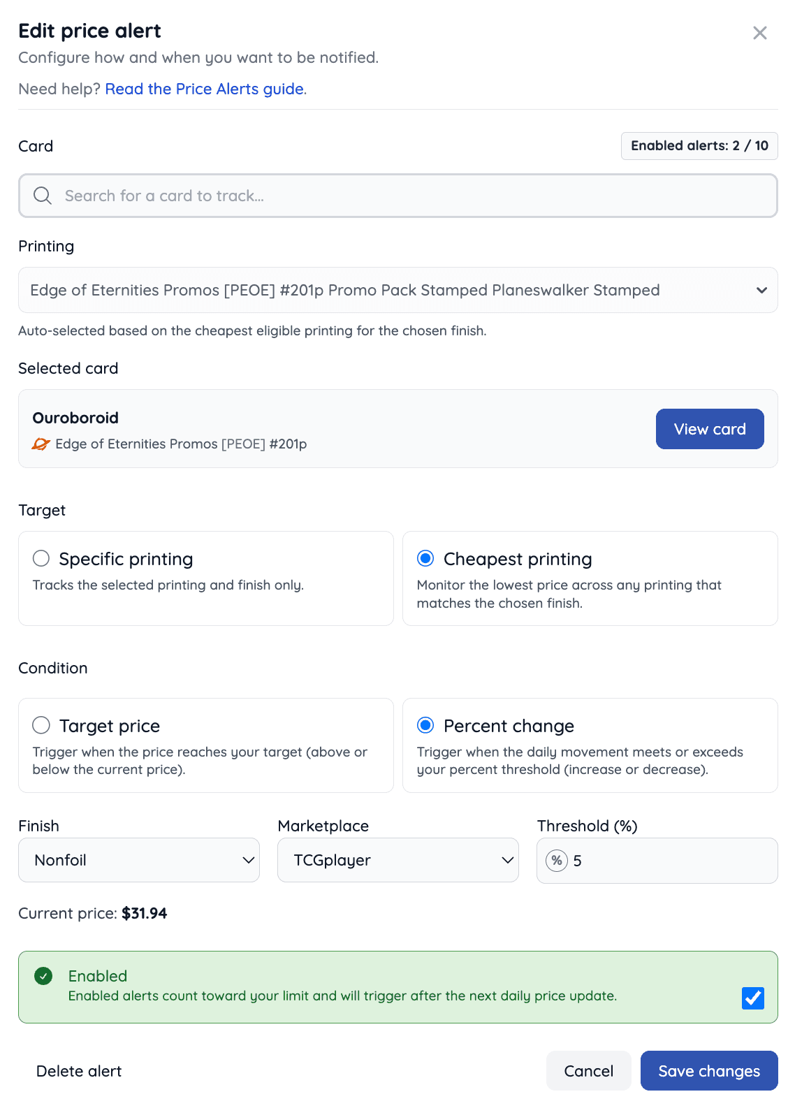 Create Price Alert dialog with card, marketplace, finish, target, and condition fields