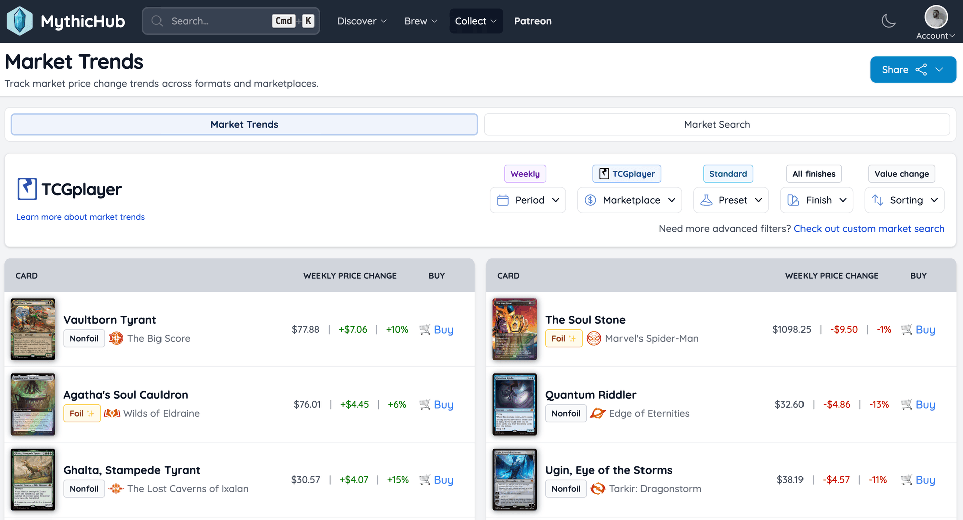 MythicHub share button with share and copy link options