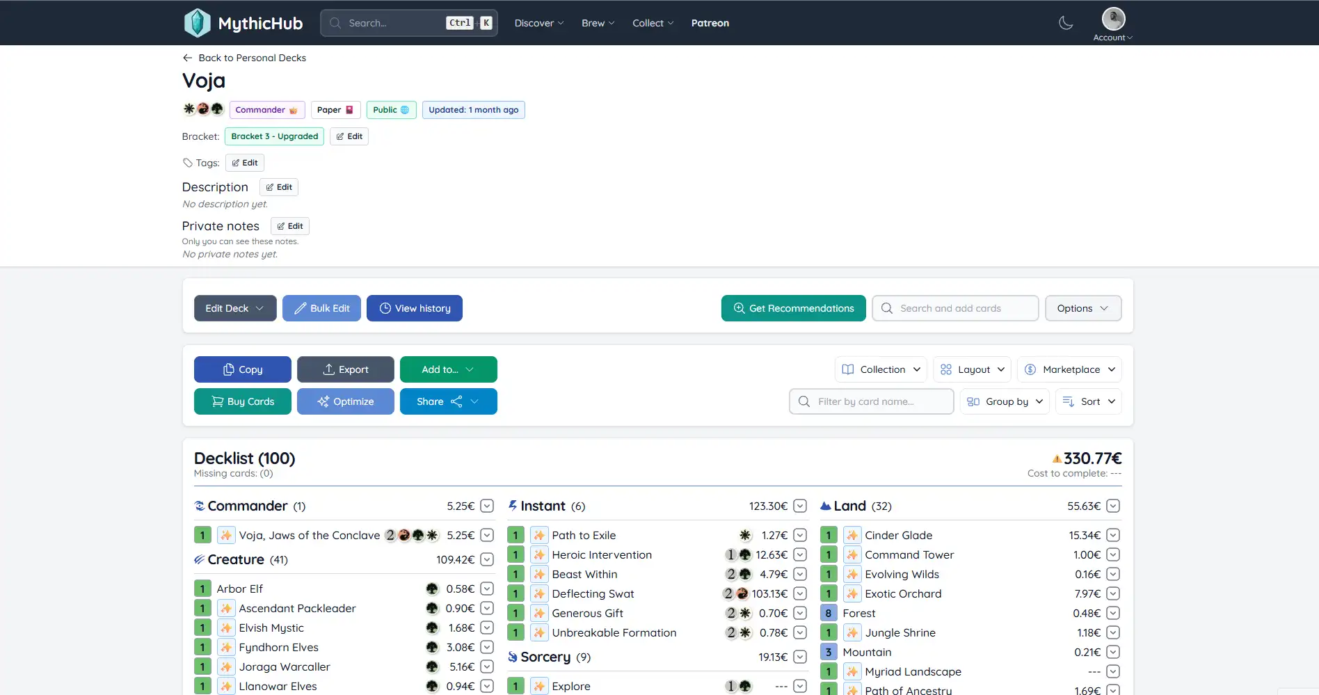 Browsing Recommander suggestions in MythicHub and opening the deck on Recommander