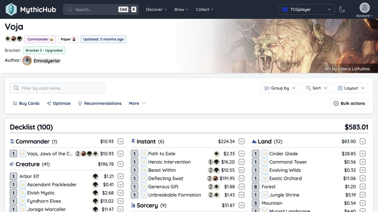 MythicHub deck builder showing a categorized Commander decklist