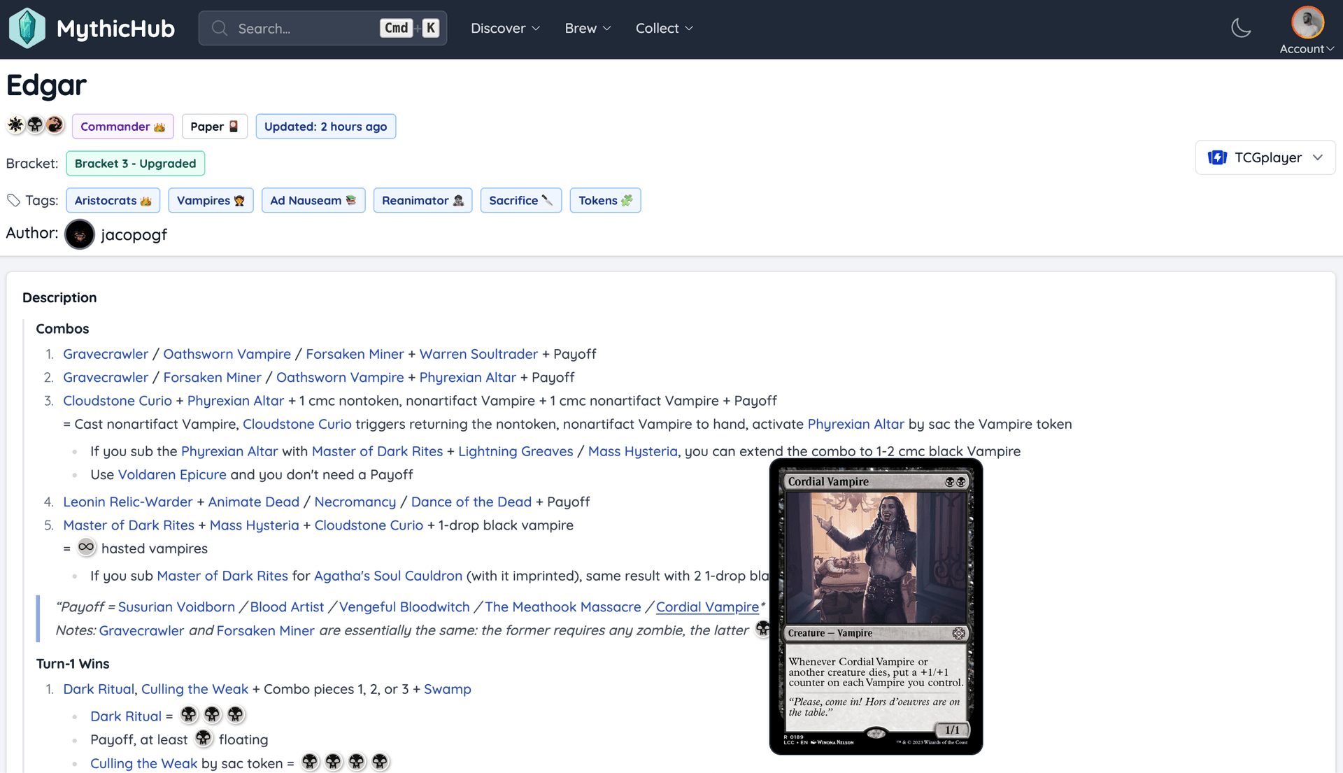 Deck description with Markdown, card references, mana symbols, and highlight markers