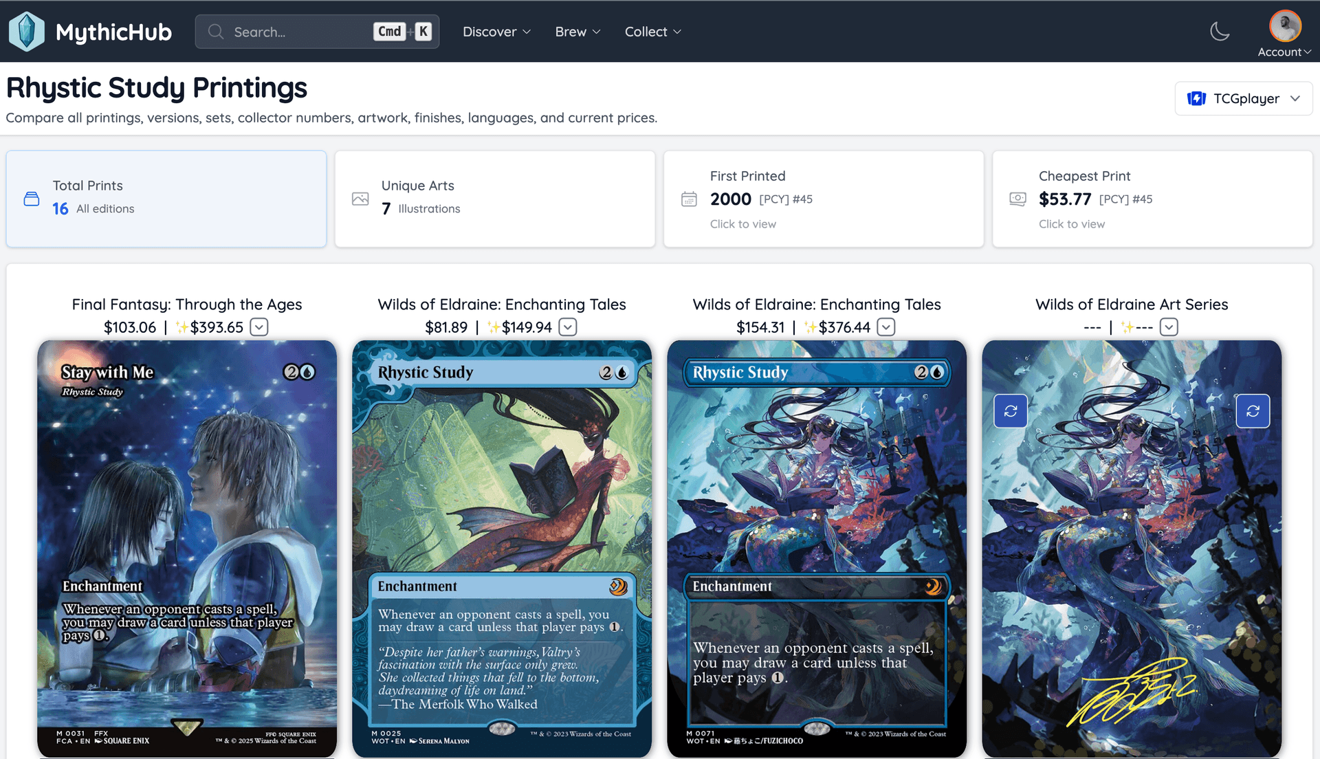 Prints page statistics with total prints, unique arts, first printed, and cheapest print