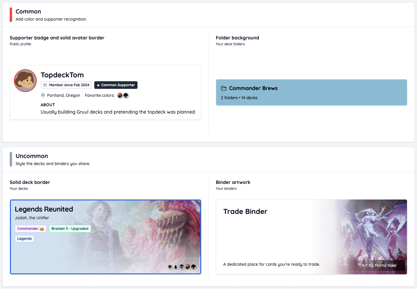 Common and Uncommon supporter customization examples for a profile, deck folder, deck, and binder