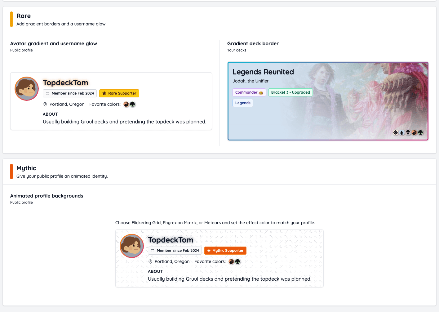 Rare and Mythic supporter customization examples with gradients, username glow, and an animated profile background