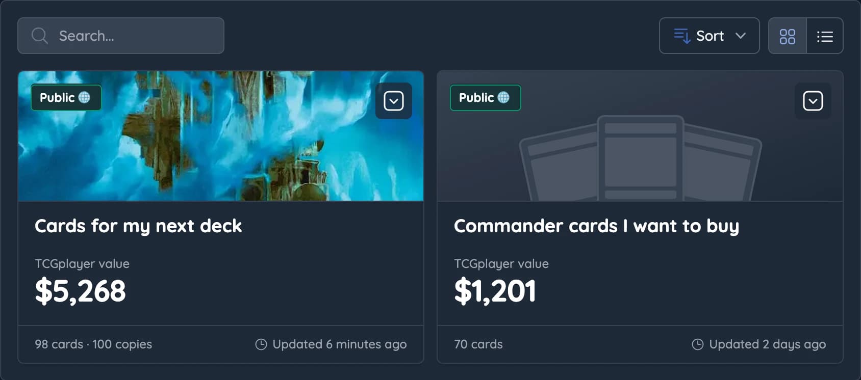 Two wishlist cards on the Wishlists page: one with card art as its cover, one with placeholder cards, each showing its TCGplayer value, card count and last update