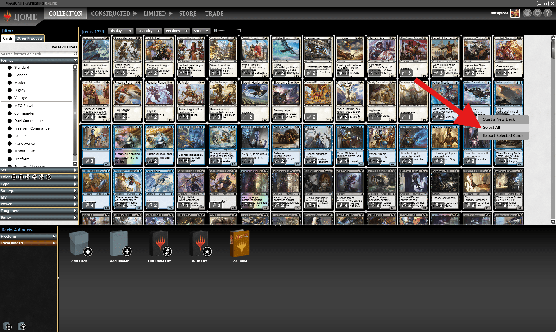 MTGO Select All Cards in Collection