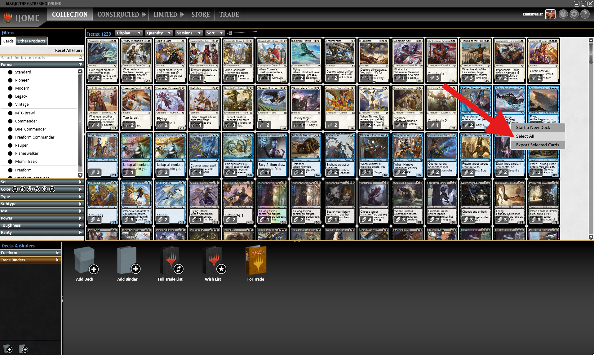 MTGO Select All Cards in Collection